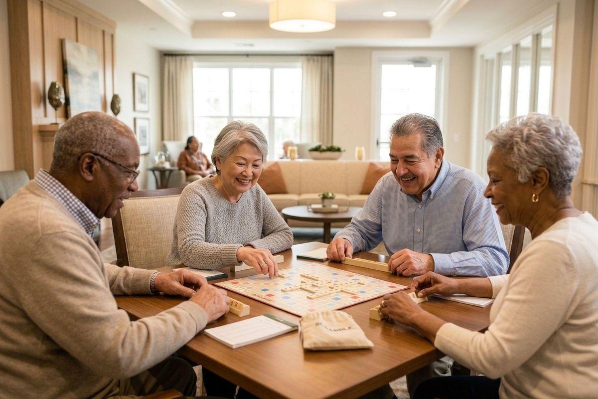 Seniors playing Scrabble together at Clearwater at The Heights luxury senior living community in Houston.