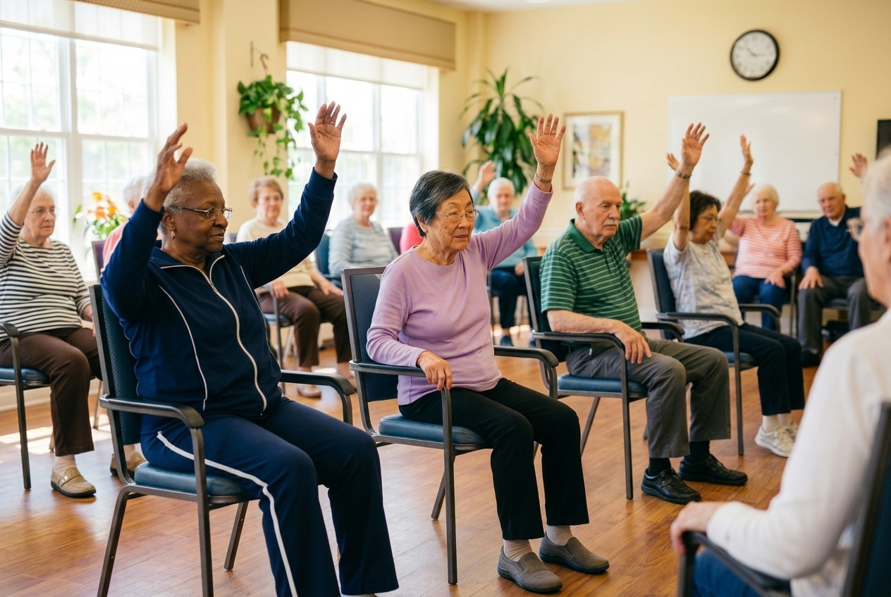 A group of older adults sitting in chairs raising one arm during a seated exercise class in a bright community room.